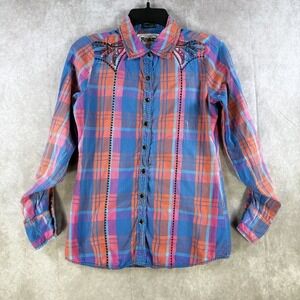 ROAR Western Shirt Women Medium‎ Plaid Embroidery Rhinestones Button Distressed